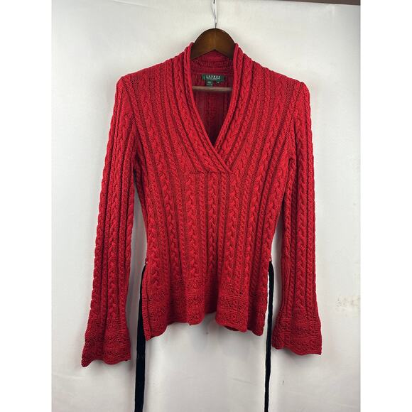 Green Label Ralph Lauren Petite Medium Red Knit Sweater w/ Black Velvet Belt - Picture 4 of 6